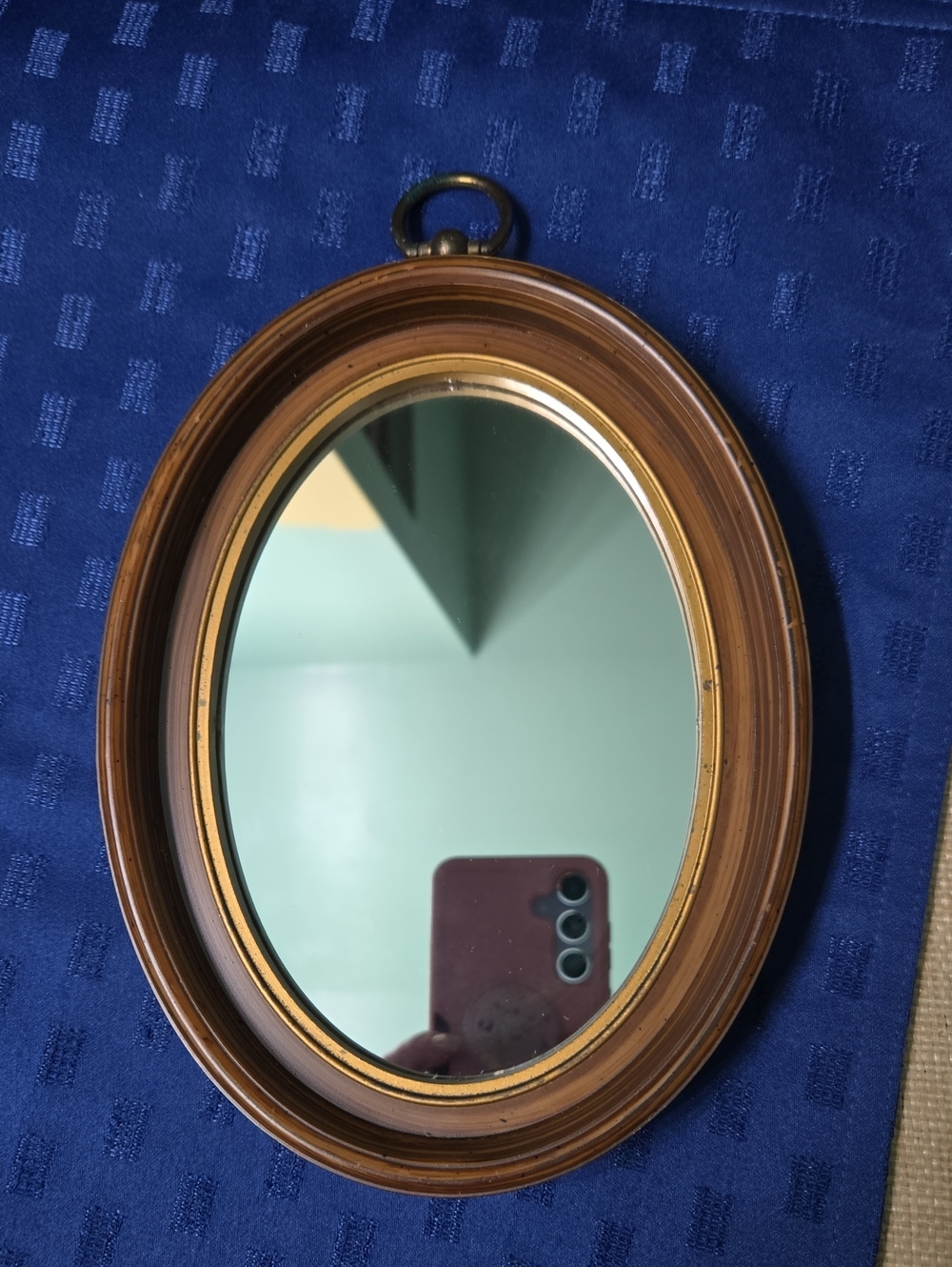 Oval Brown Wood Wall Mirror with Gold Inner Trim